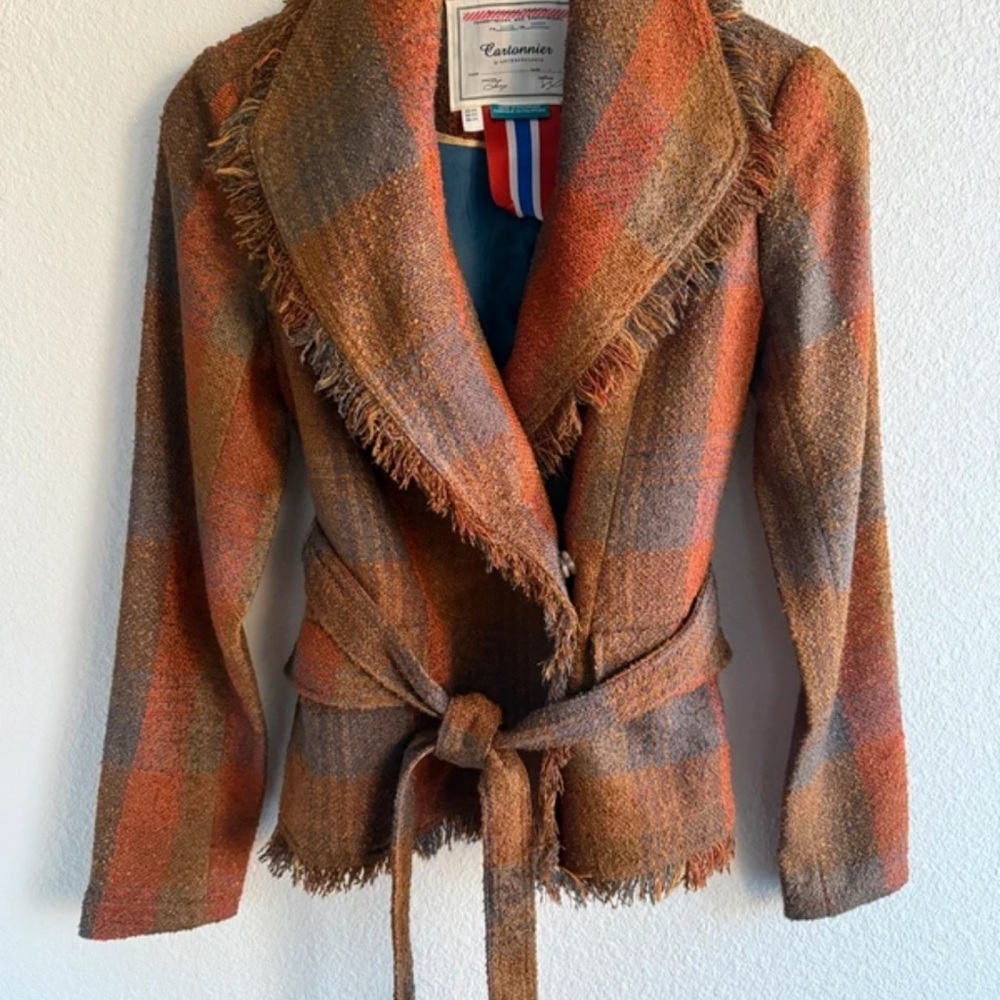 Cartonnier Orange and Brown Plaid Fringe Wrap Blazer
